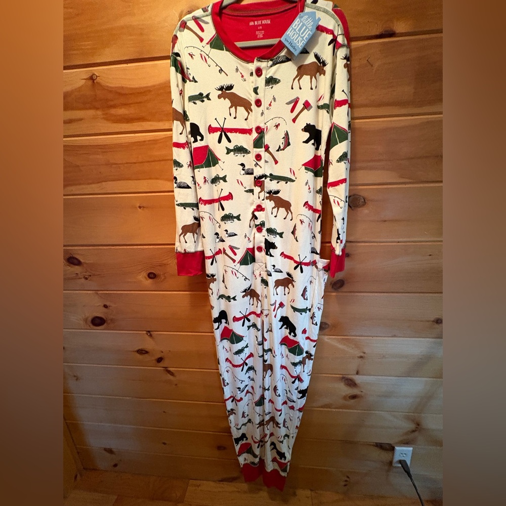 NWT Hatley Little Blue House Christmas Jumpsuit Pajama L One Piece Ugly Sweater